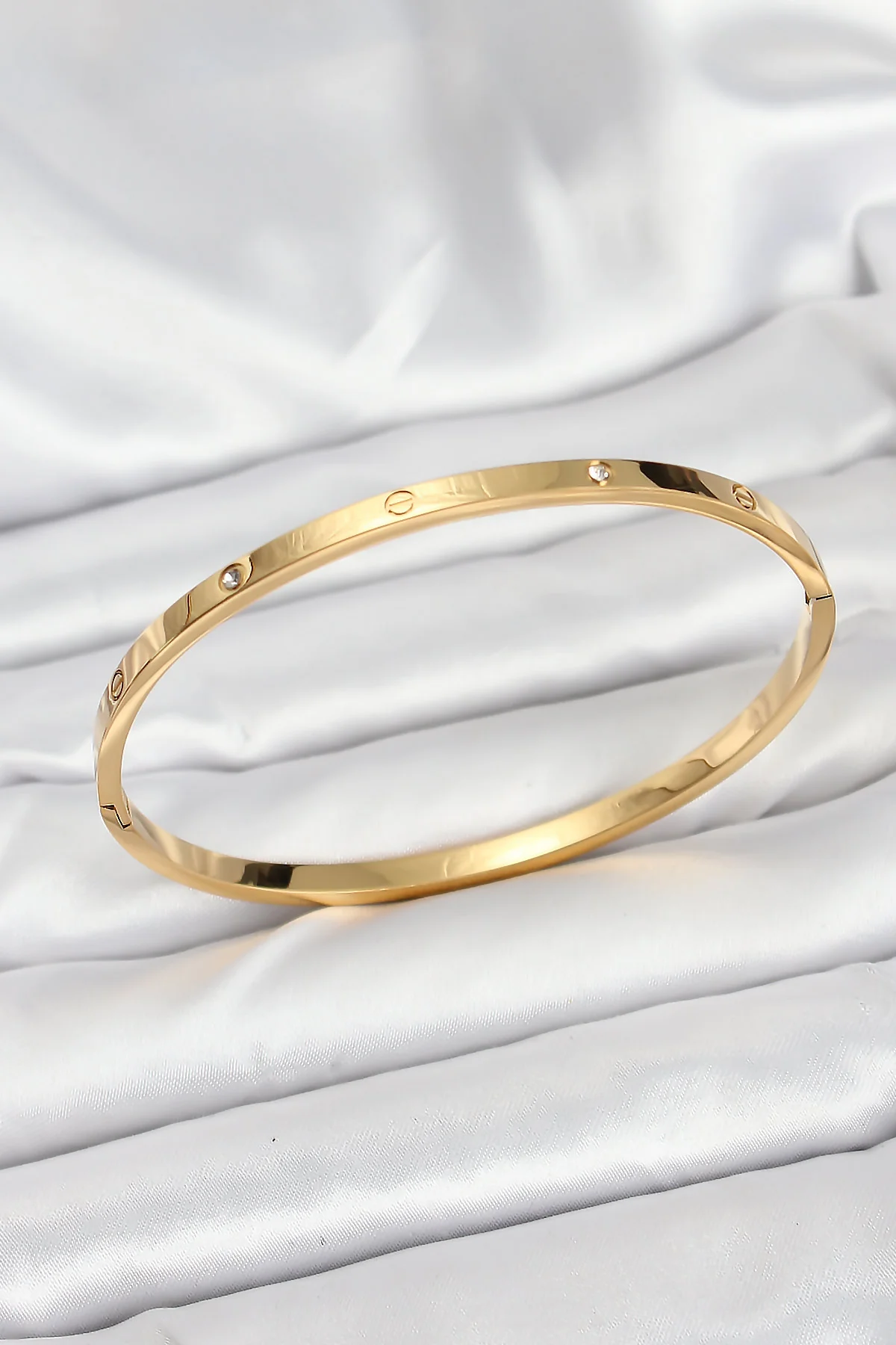 316L Çelik Gold Renk Zirkon Taşlı 65 mm İnce Kadın Kelepçe Bileklik -1492