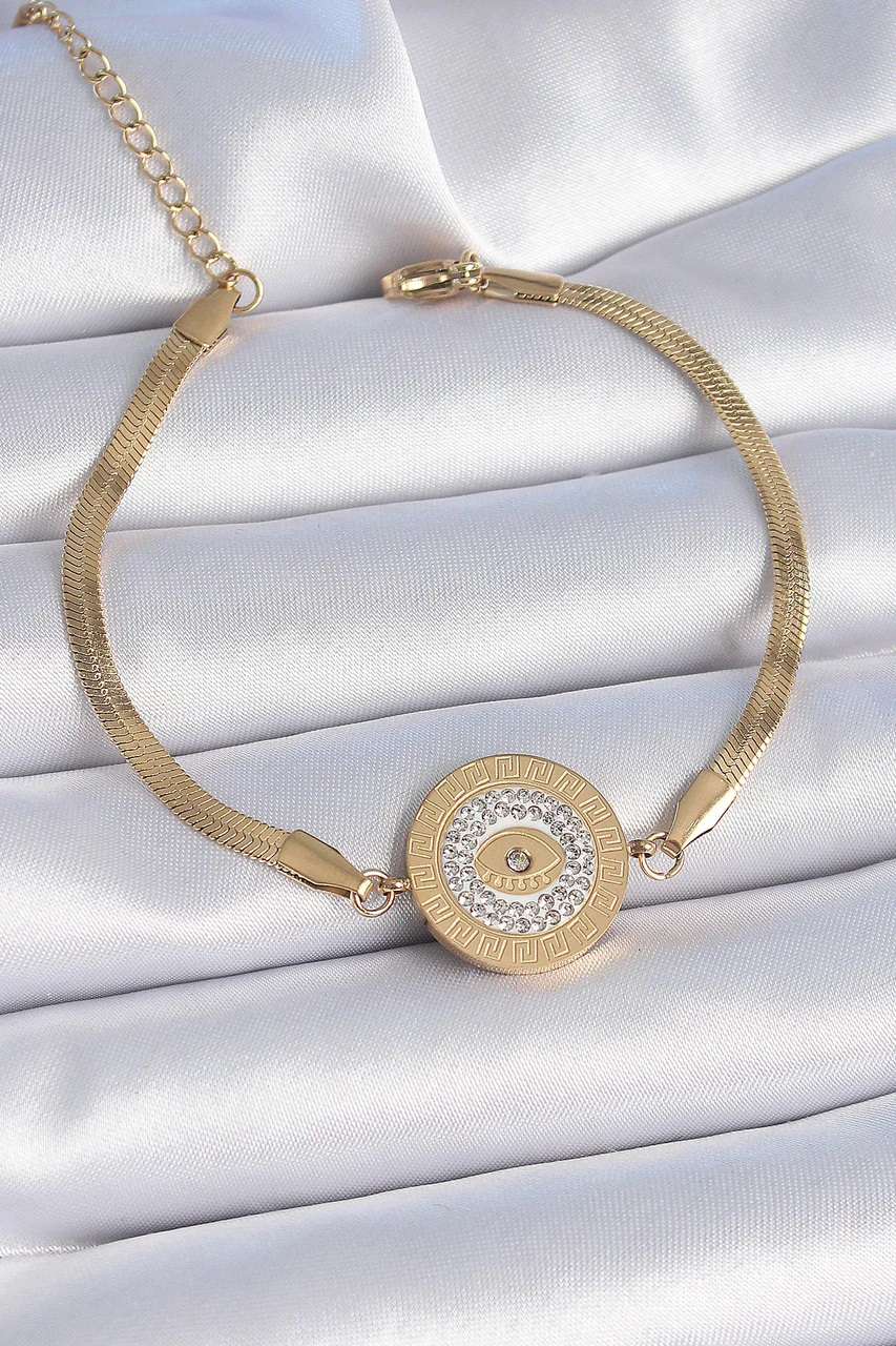 316l Çelik Gold Renk İtalyan Zincir Zirkon Taşlı Göz İşlemeli Madalyon Model Kadın Bileklik Tj-bb6445 Diğer
