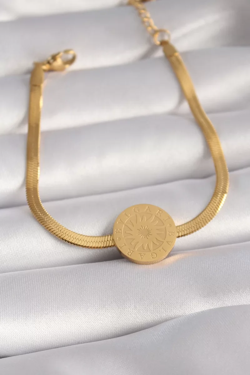 316L Çelik Gold Renk İtalyan Zincir Model İşlemeli Madalyon Figür Kadın Bileklik - Lisinya