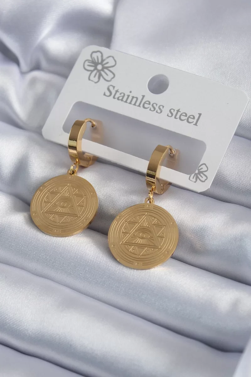 316L Çelik Gold Renk Pentagram İşleme Model Kadın Küpe - Lisinya