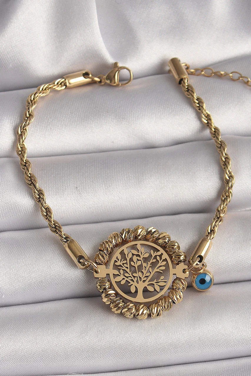316l Çelik Gold Renk Burgu Zincir Model Dorika Yaşam Ağacı Figür Nazar Boncuk Detay Kadın Bileklik Tj-bb6784 Diğer