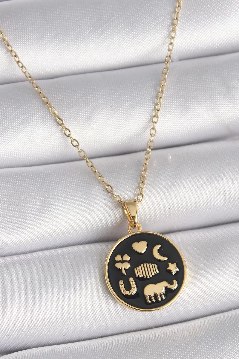 316L Çelik Gold Renk Siyah Şans Kolyesi - Lisinya