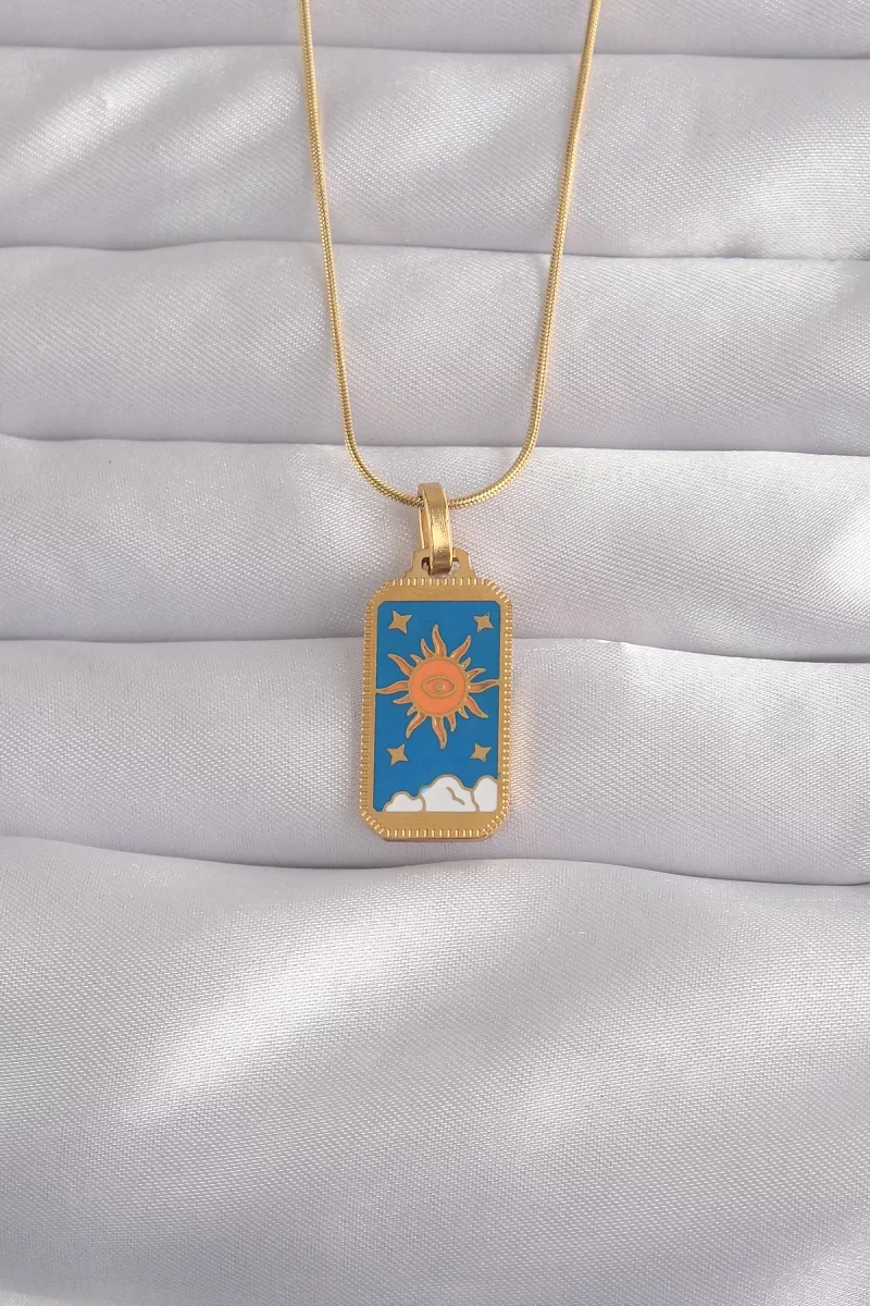 316L Çelik Gold Renk Mavi Mineli Güneş Model Tarot Kolye - Lisiny
