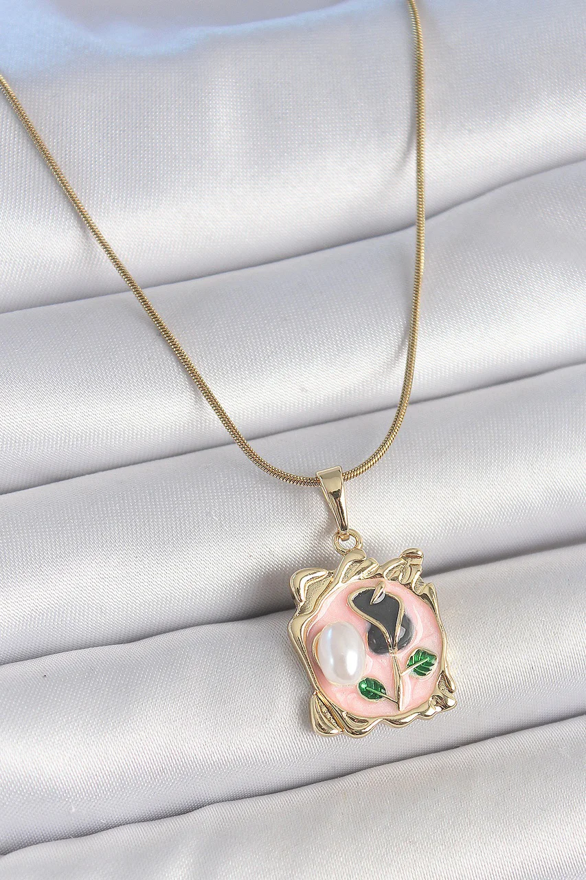 316l Çelik Gold Renk Zincir Pembe Mineli Çiçek İşlemli İnci Detay Portre Model Kadın Kolye Tj-bko10185 Diğer
