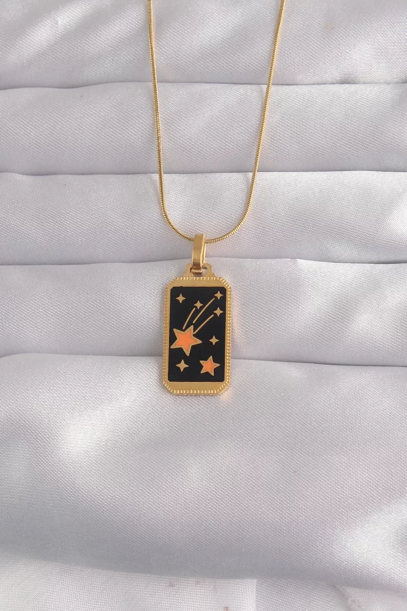 316L Çelik Gold Renk Siyah Mineli Yıldız Figür Tarot Kolye - Lisi