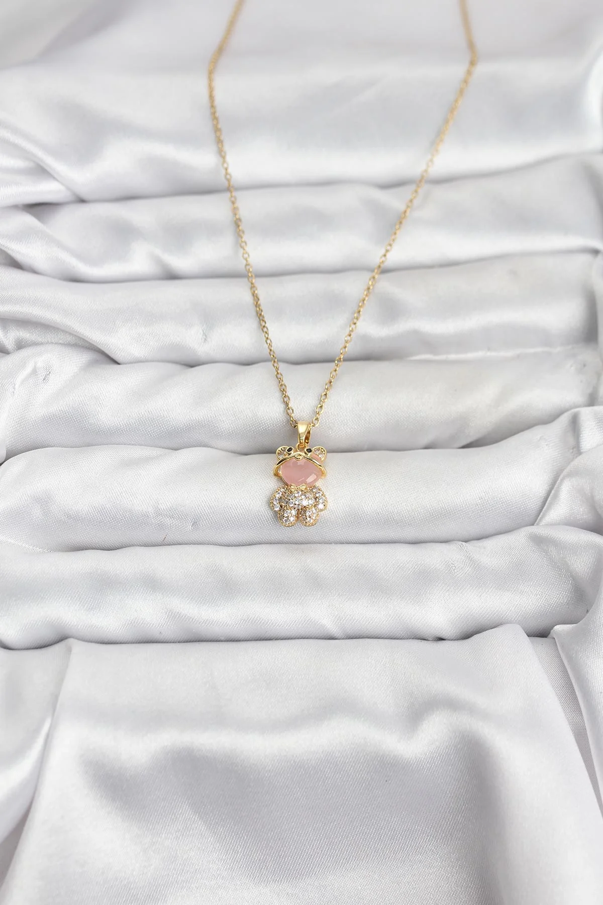 316L Çelik Gold Renk Teddy Bear Model Zirkon Taşlı Kadın Kolye 5886