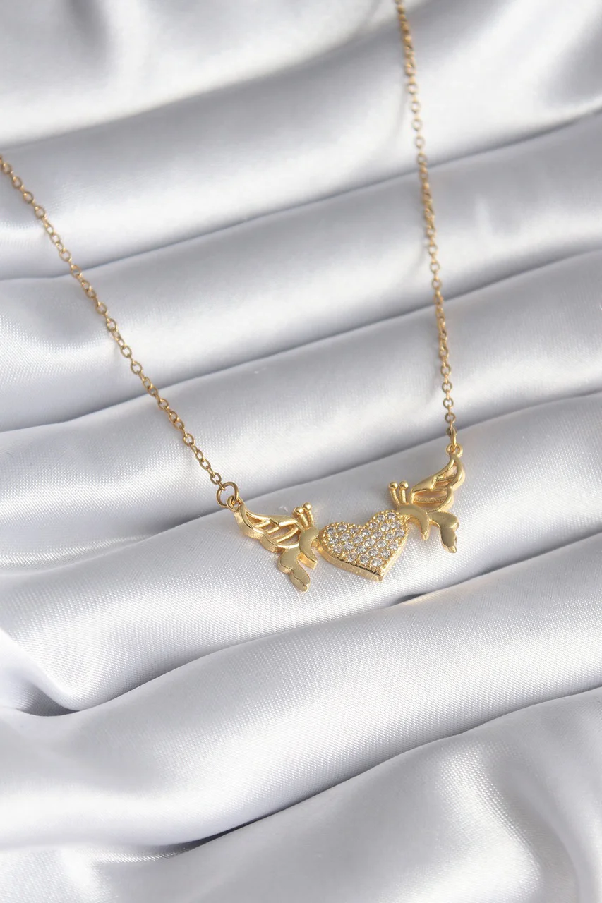316l Çelik Gold Renk Zirkon Taşlı Kanatlı Kalp Model Kadın Kolye Tj-bko8290 Diğer