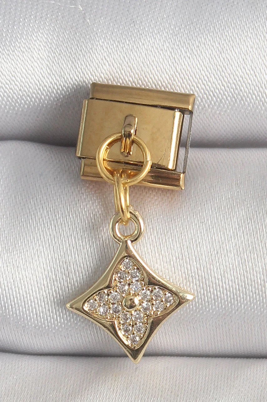 316l Çelik Gold Renk Sallantı Zirkon Taşlı Çiçek İşlemeli Nomination Charm - Lisinya Diğer