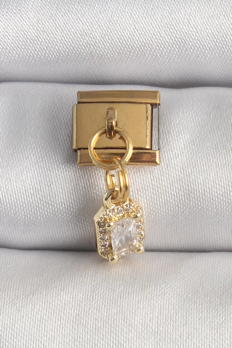 316L Çelik Gold Renk Sallantı Zirkon Taşlı Kare Model Nomination 