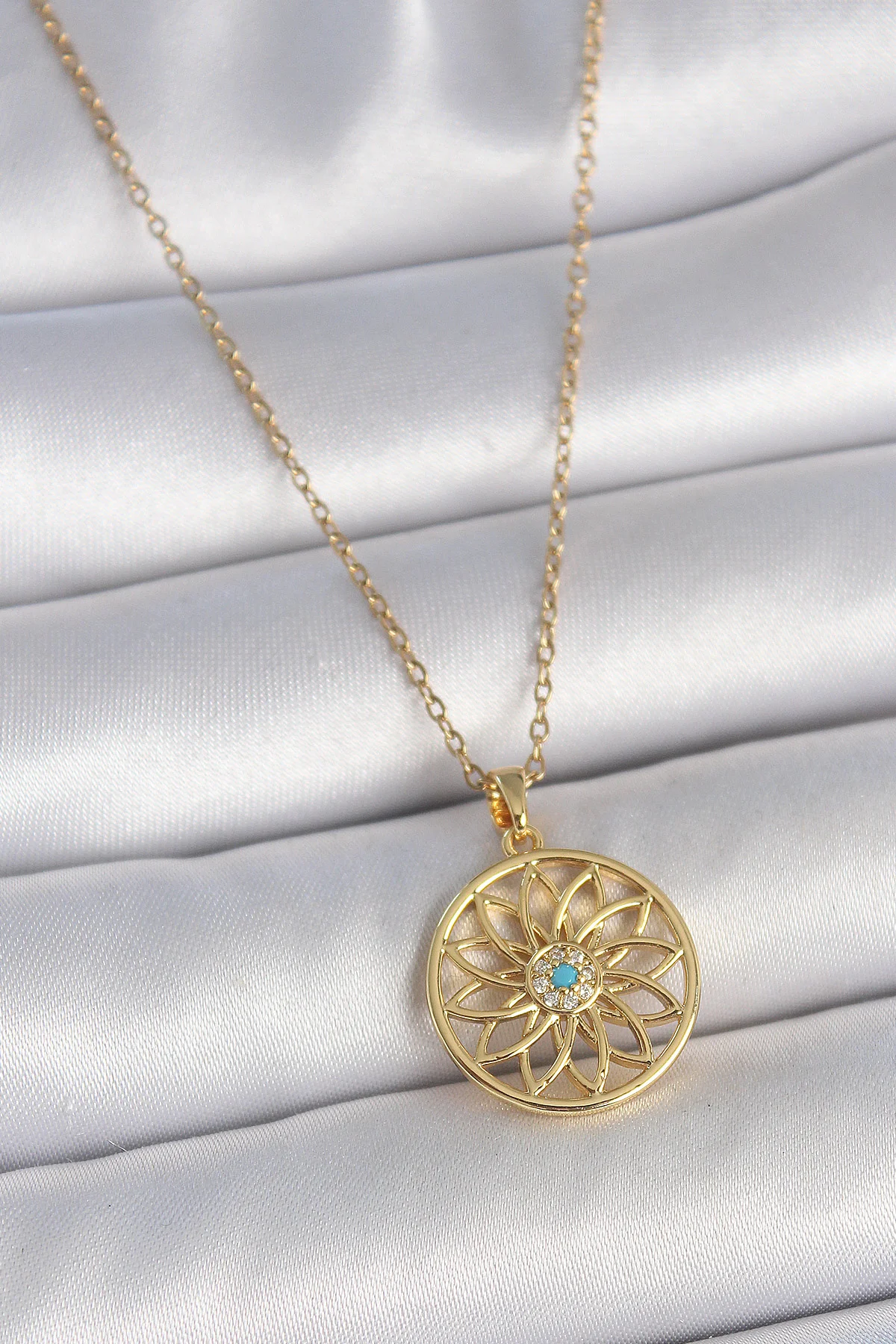 316L Çelik Gold Renk Zincr Mavi Taşlı Lotus Model Kadın Kolye 5886