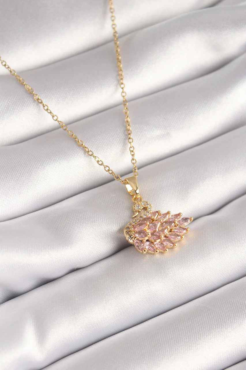 316l Çelik Gold Renk Zincir Pembe Zirkon Taşlı Kuğu Model Kadın Kolye - Lisinya Diğer