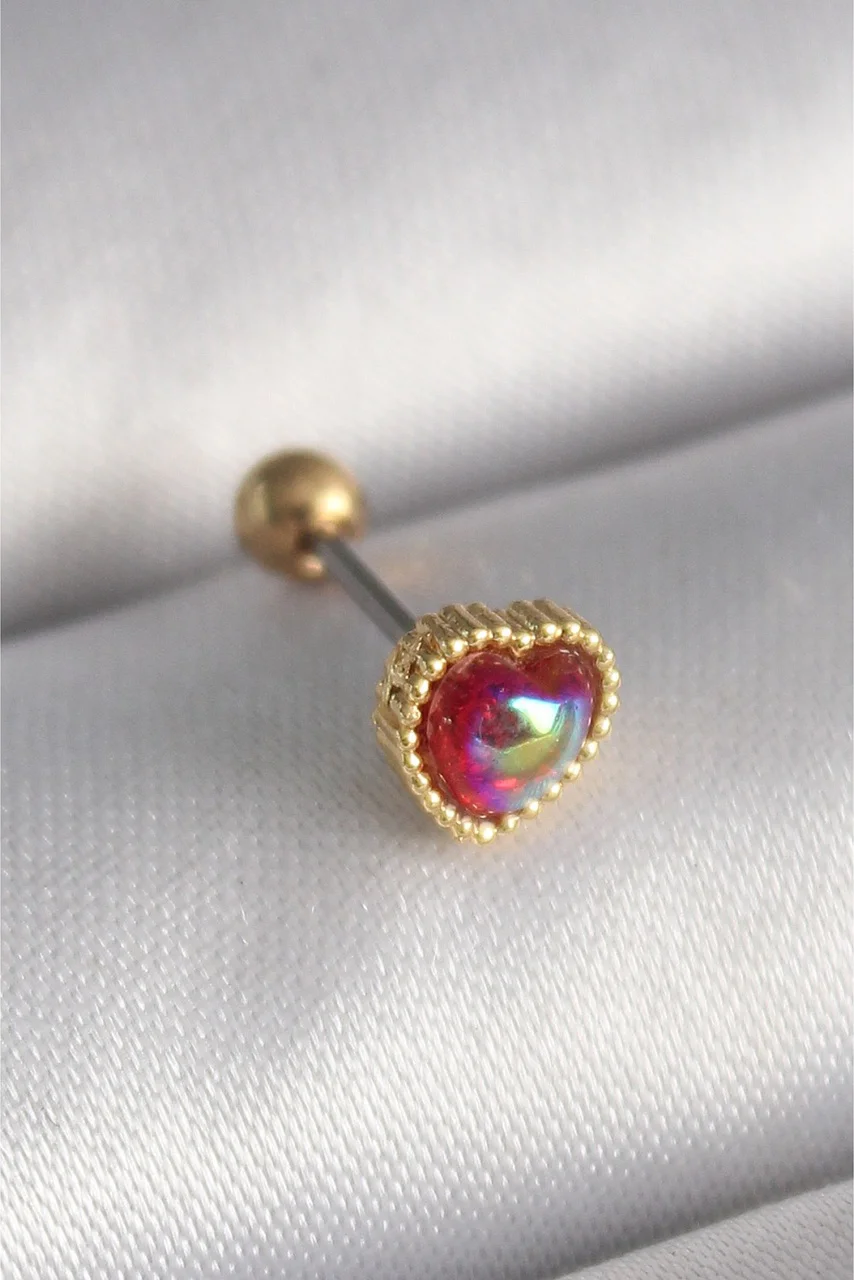 316l Çelik Gold Renk Kırmızı Mineli Kalp Tragus Piercing Diğer