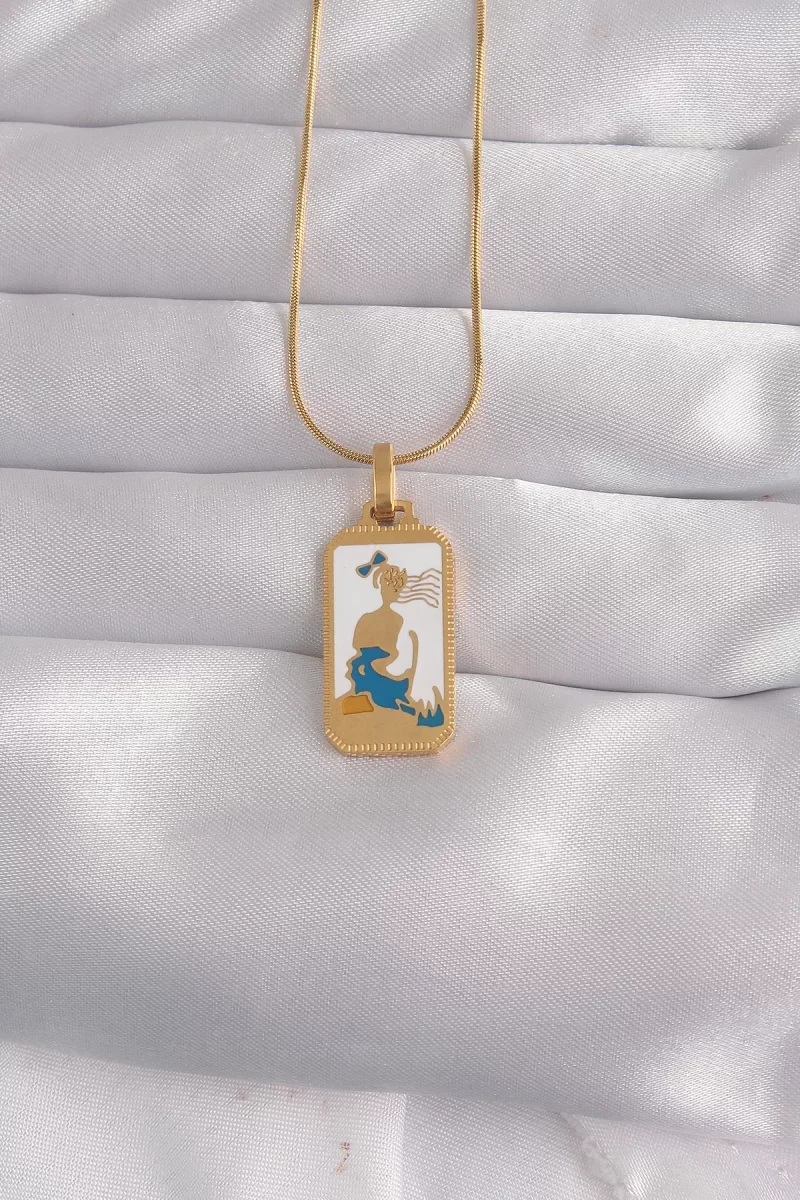 316L Çelik Gold Renk Beyaz Mineli Kız Figür Tarot Kolye - Lisinya
