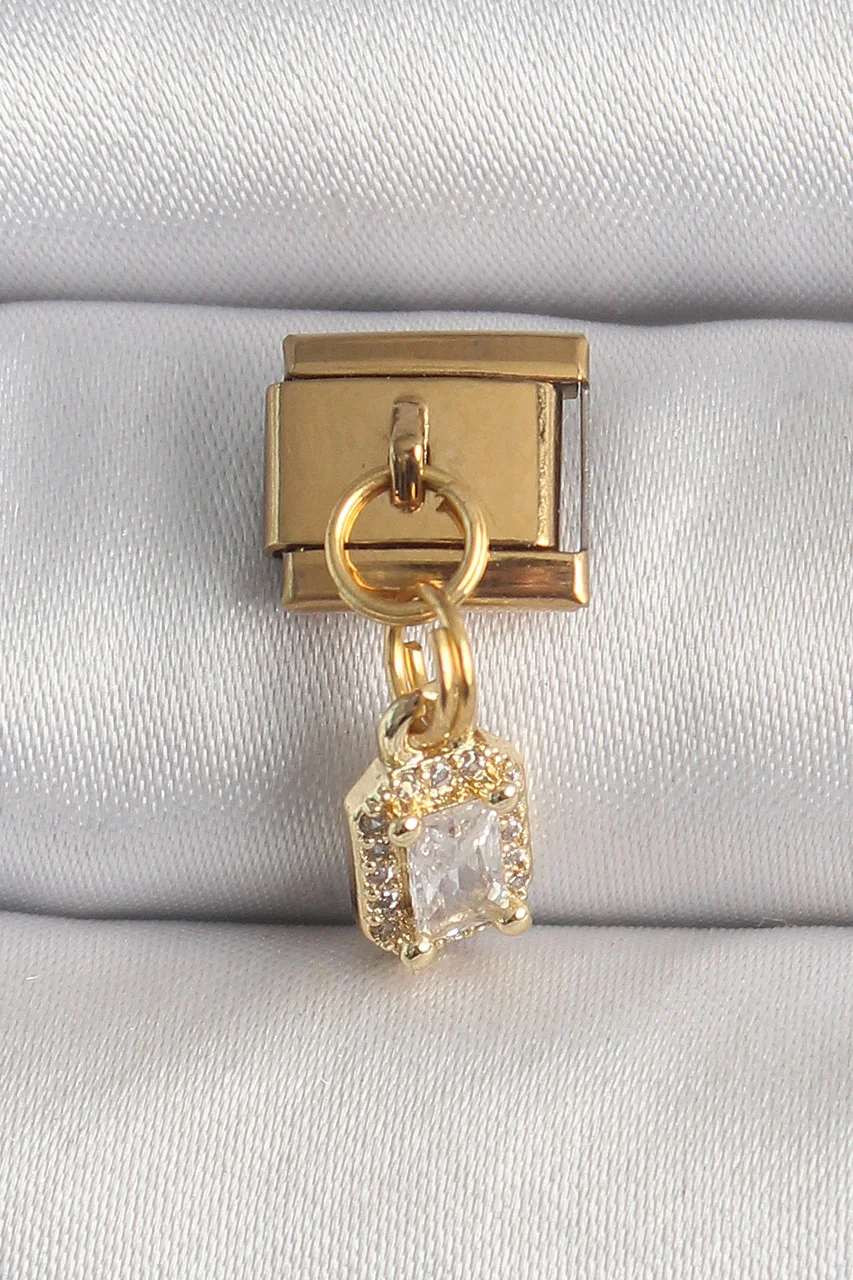 316l Çelik Gold Renk Sallantı Zirkon Taşlı Kare Model Nomination Charm - Lisinya Diğer