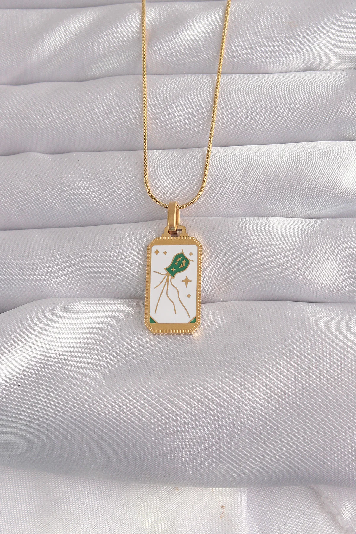 316L Çelik Gold Renk Beyaz Mineli Tarot Kolye 5886 - Paslanmaz ve Etkileyici