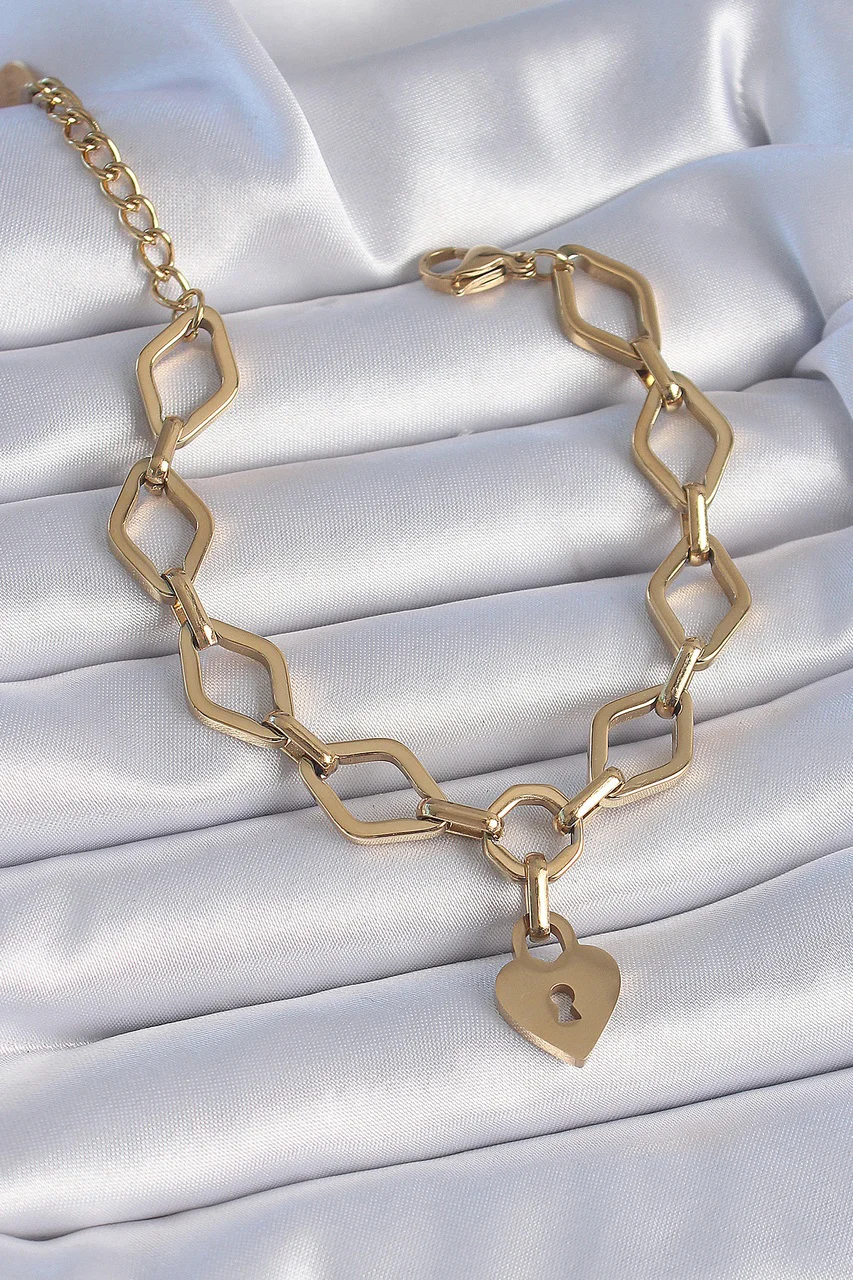 316l Çelik Gold Renk Zincir Model Kilit Kalp Figür Kadın Bileklik Tj-bb6434 Diğer