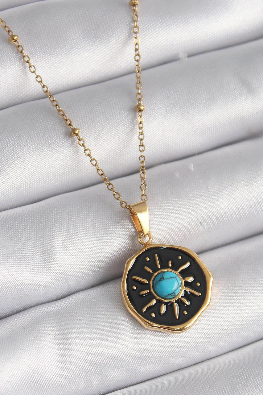 316l Çelik Gold Renk Mavi Boncuk Güneş İşleme Madalyon Model Kadın Kolye Tj-bko9524 Diğer