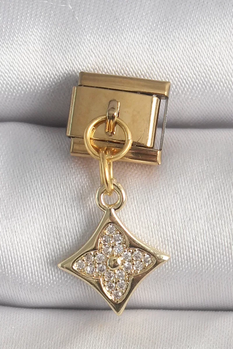 316L Çelik Gold Renk Sallantı Zirkon Taşlı Çiçek İşlemeli Nominat
