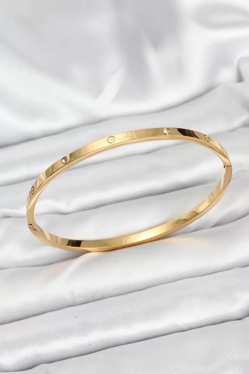 316L Çelik Gold Renk Zirkon Taşlı 65 mm İnce Kadın Kelepçe Bilekl