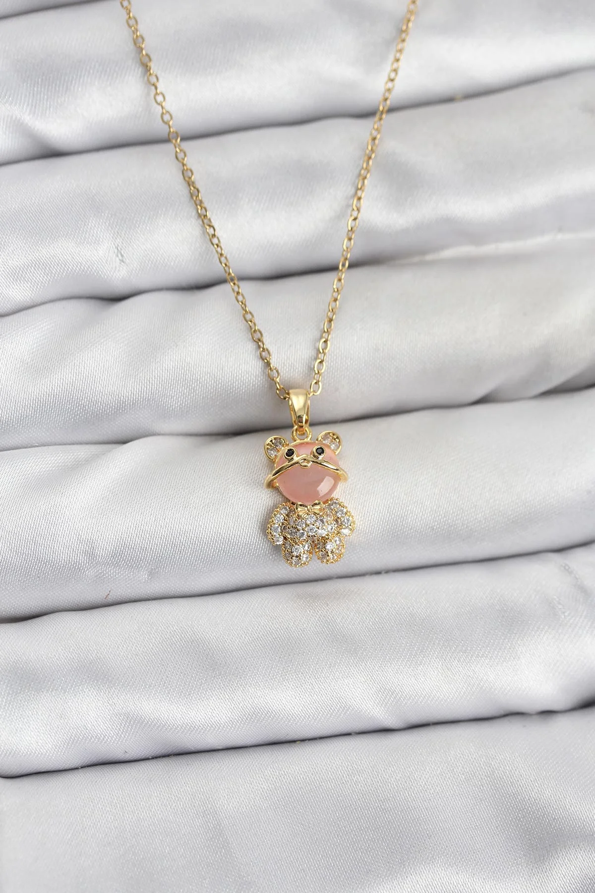 316L Çelik Gold Renk Teddy Bear Model Zirkon Taşlı Kadın Kolye 5886