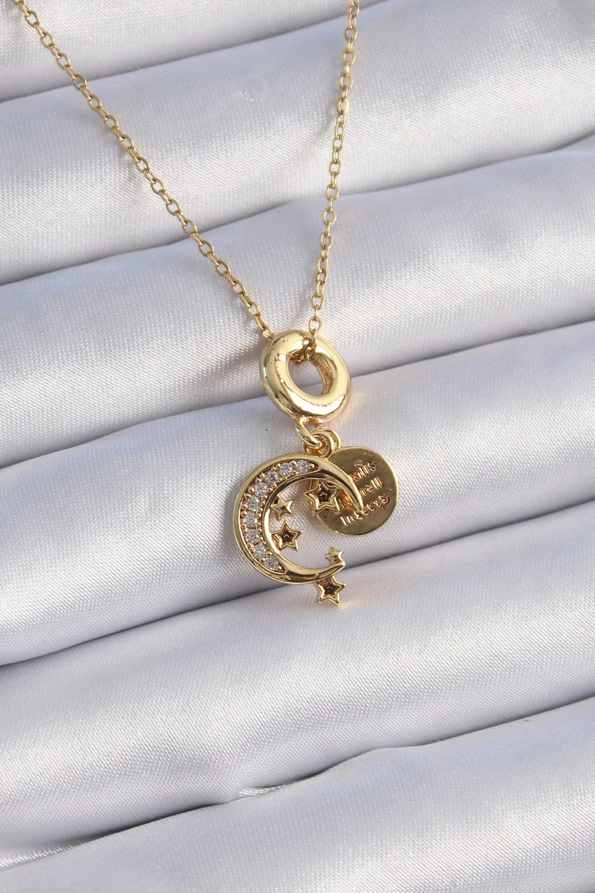 316l Çelik Gold Renk Zirkon Taşlı Ay Yıldız Model Charm Model Kadın Kolye Tj-bko9312 Diğer