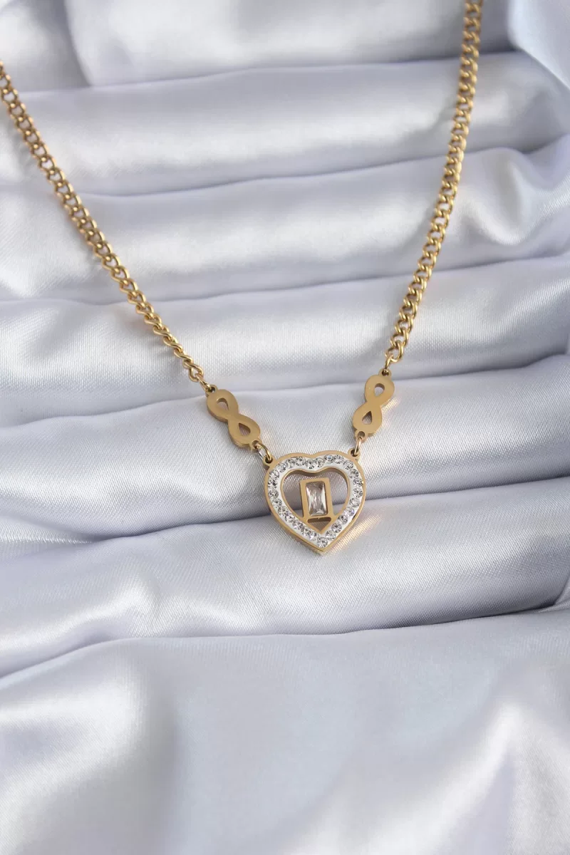 316L Çelik Gold Renk Zirkon Taşlı Kalp Model Sonsuzluk Detay Kadı