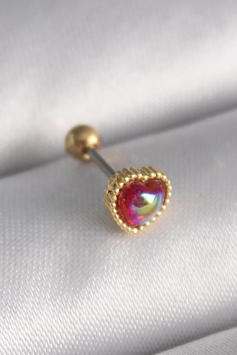 316L Çelik Gold Renk Kırmızı Mineli Kalp Tragus Piercing - Lisinya