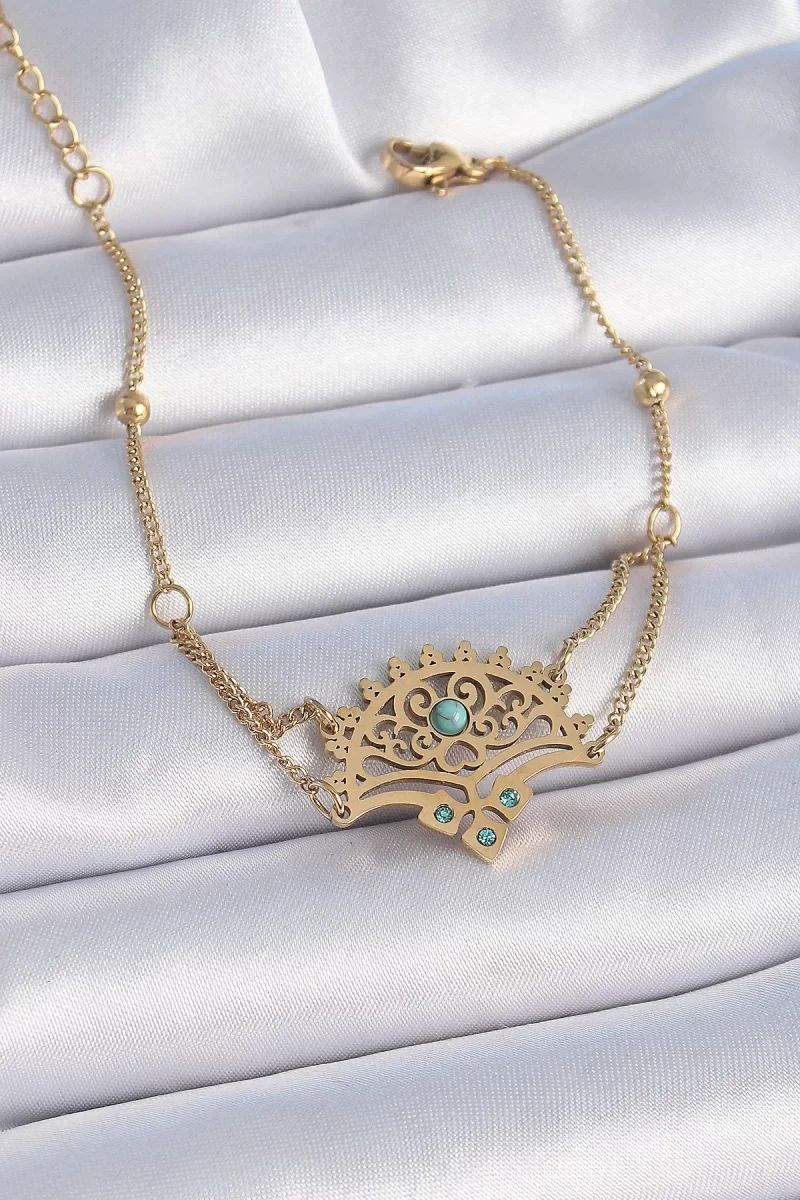 316L Çelik Gold Renk Mavi Taşlı Etnik Desen Kadın Bileklik - Lisi