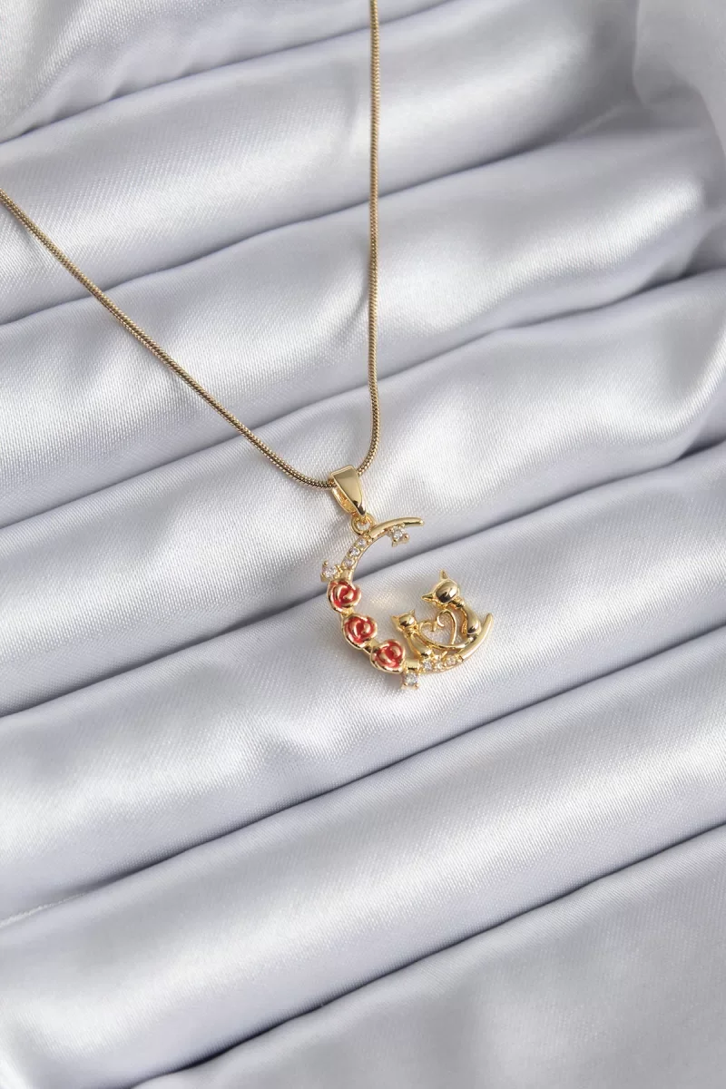 316L Çelik Gold Renk Hilal Kedi Model Zirkon Taşlı Detay Kadın Ko