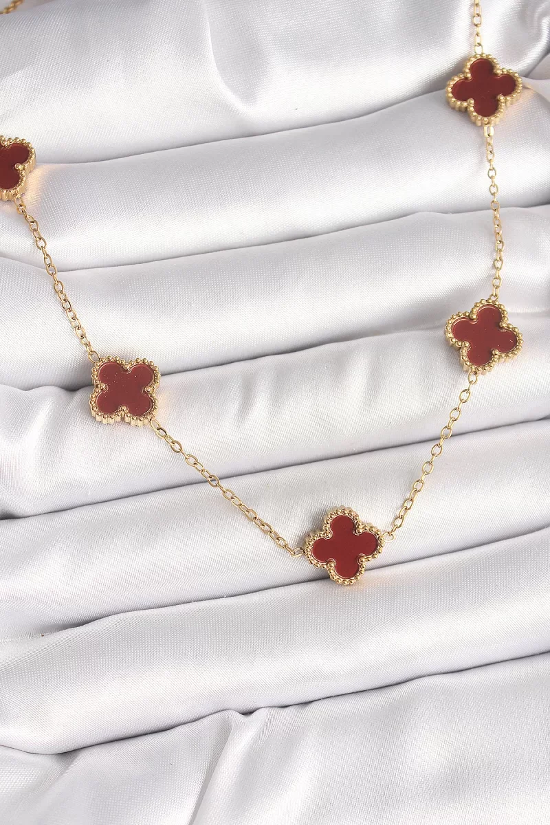 316L Çelik Gold Renk Zincir Bordo Yonca Model Kadın Kolye - Lisin