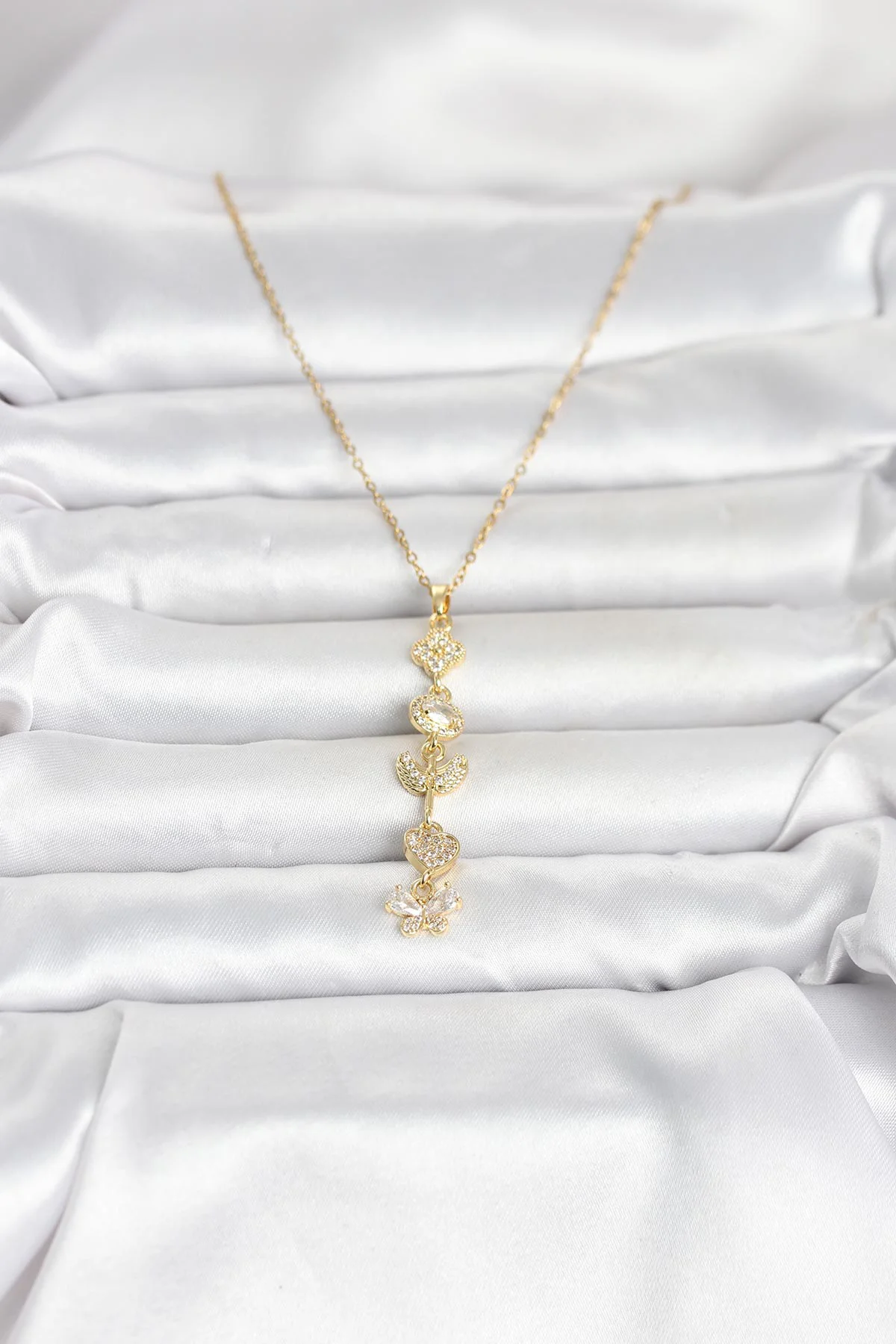 316L Çelik Gold Renk Şans Kolyesi Y Model Zirkon Taşlı Kadın Kolye - TJ-BKO11050
