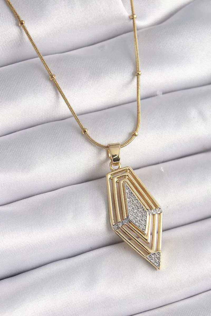 316L Çelik Gold Renk Zirkon Taşlı Vintage Model Kadın Kolye - Lis