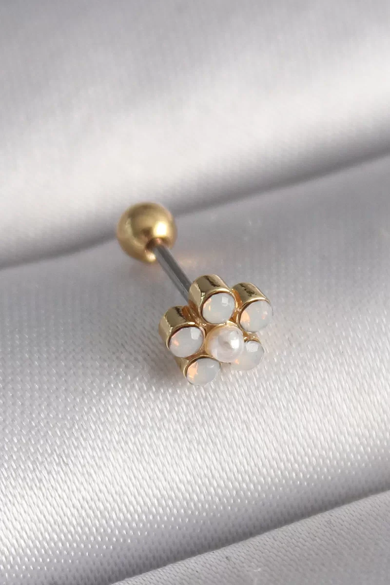 316L Çelik Gold Renk Zirkon Taşlı Çiçek Model Tragus Piercing - L