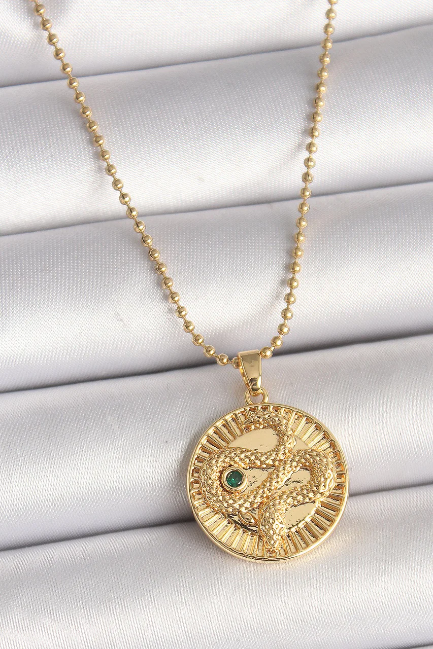 316l Çelik Gold Renk Topçuk Zincir Yılan İşlemeli Zirkon Taş Detaylı Madalyon Model Kadın Kolye Tj-bko9844 Diğer
