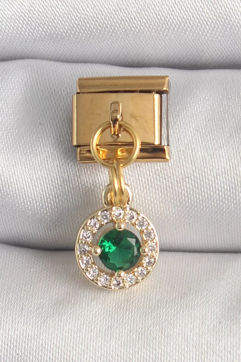 316L Çelik Gold Renk Sallantı Yeşil Zirkon Taşlı Nomination Charm