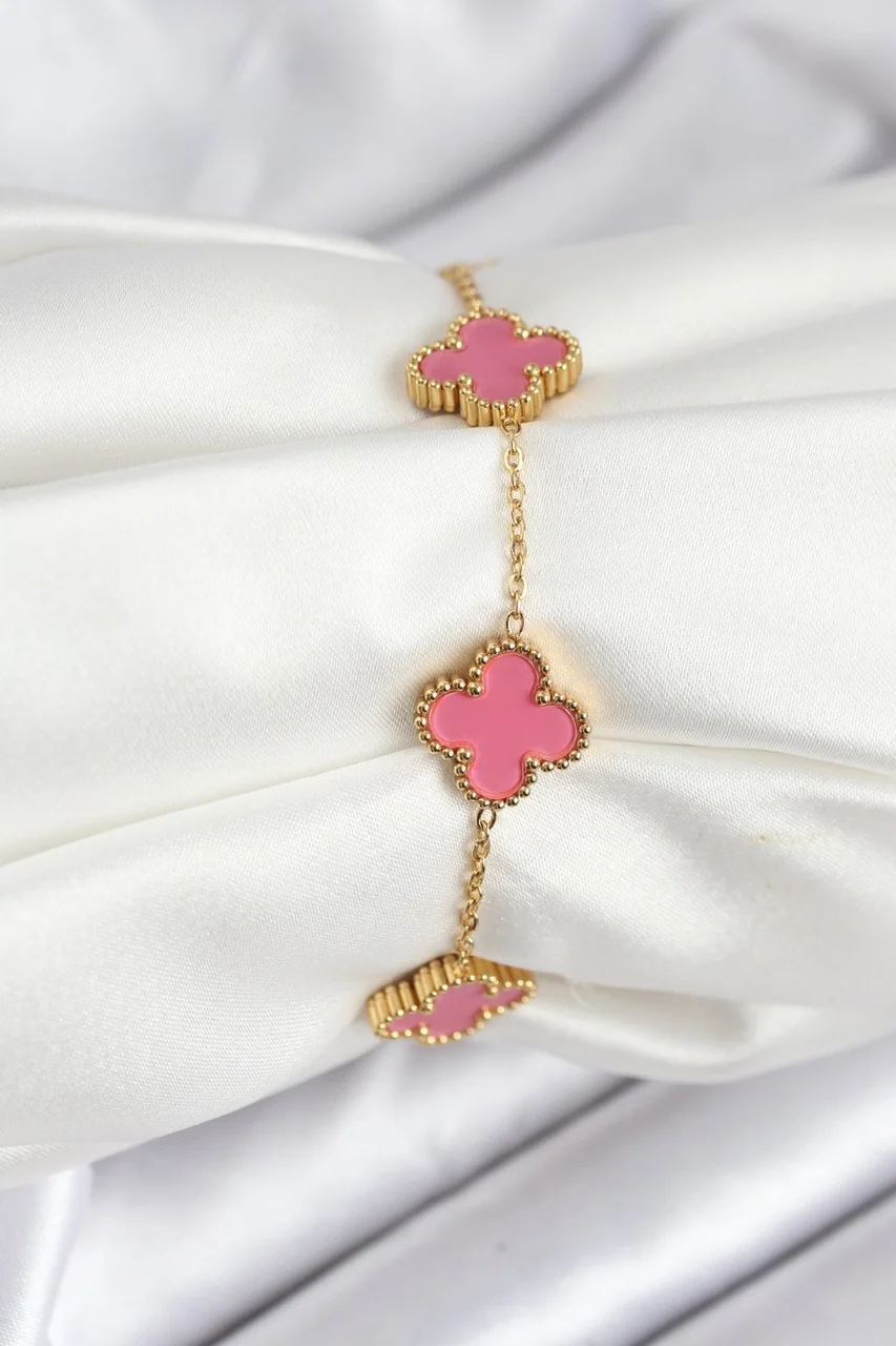 316l Çelik Gold Zincir Pembe Yonca Renk Bileklik - Lisinya Diğer