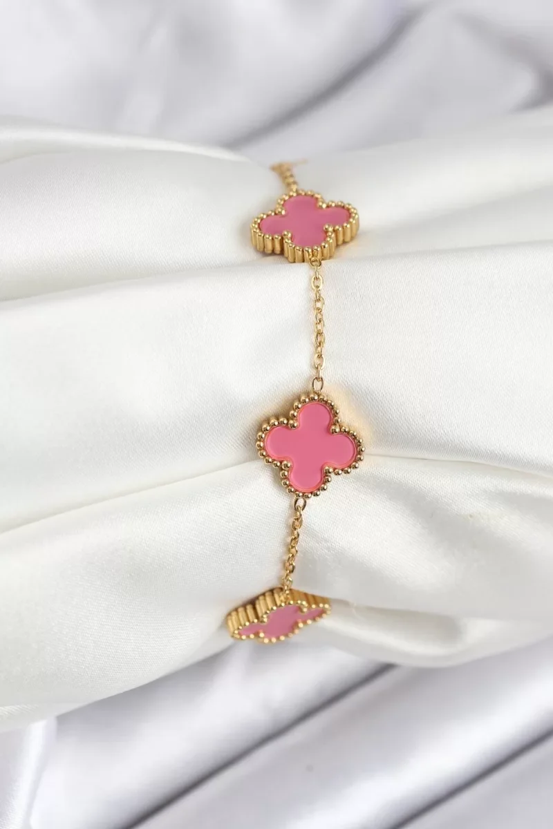 316L Çelik Gold Zincir Pembe Yonca Renk Bileklik - Lisinya