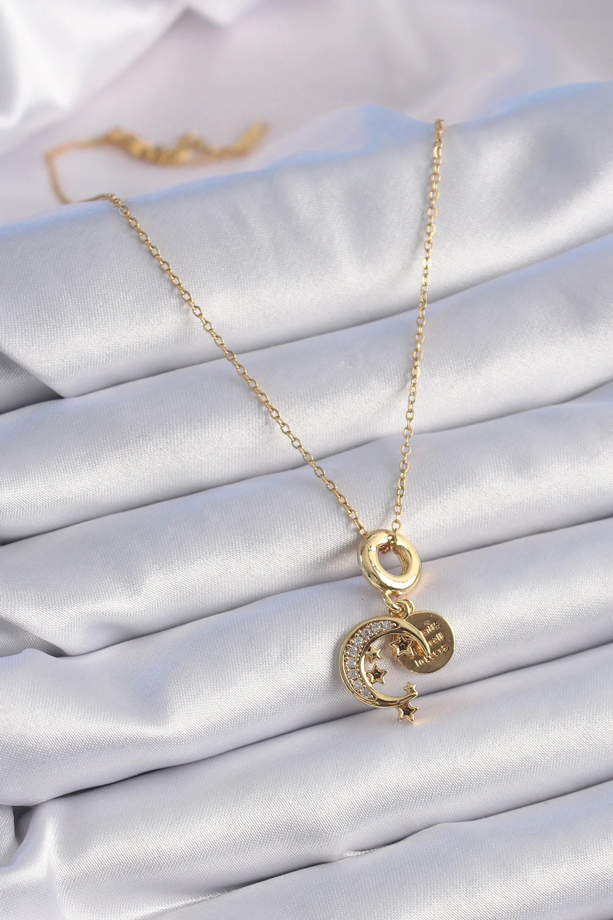 316L Çelik Gold Zirkon Taşlı Ay Yıldız Charm Model Kadın Kolye 5886