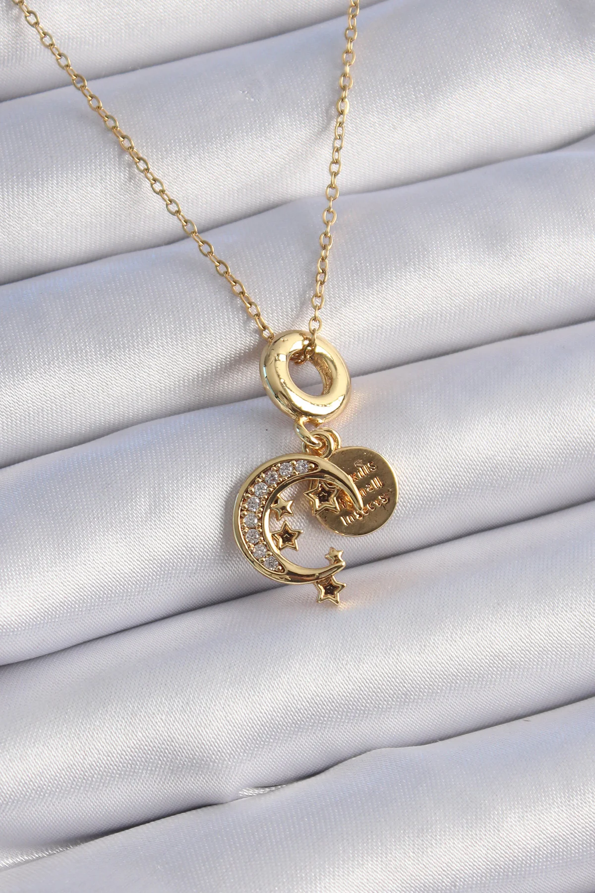316L Çelik Gold Zirkon Taşlı Ay Yıldız Charm Model Kadın Kolye 5886
