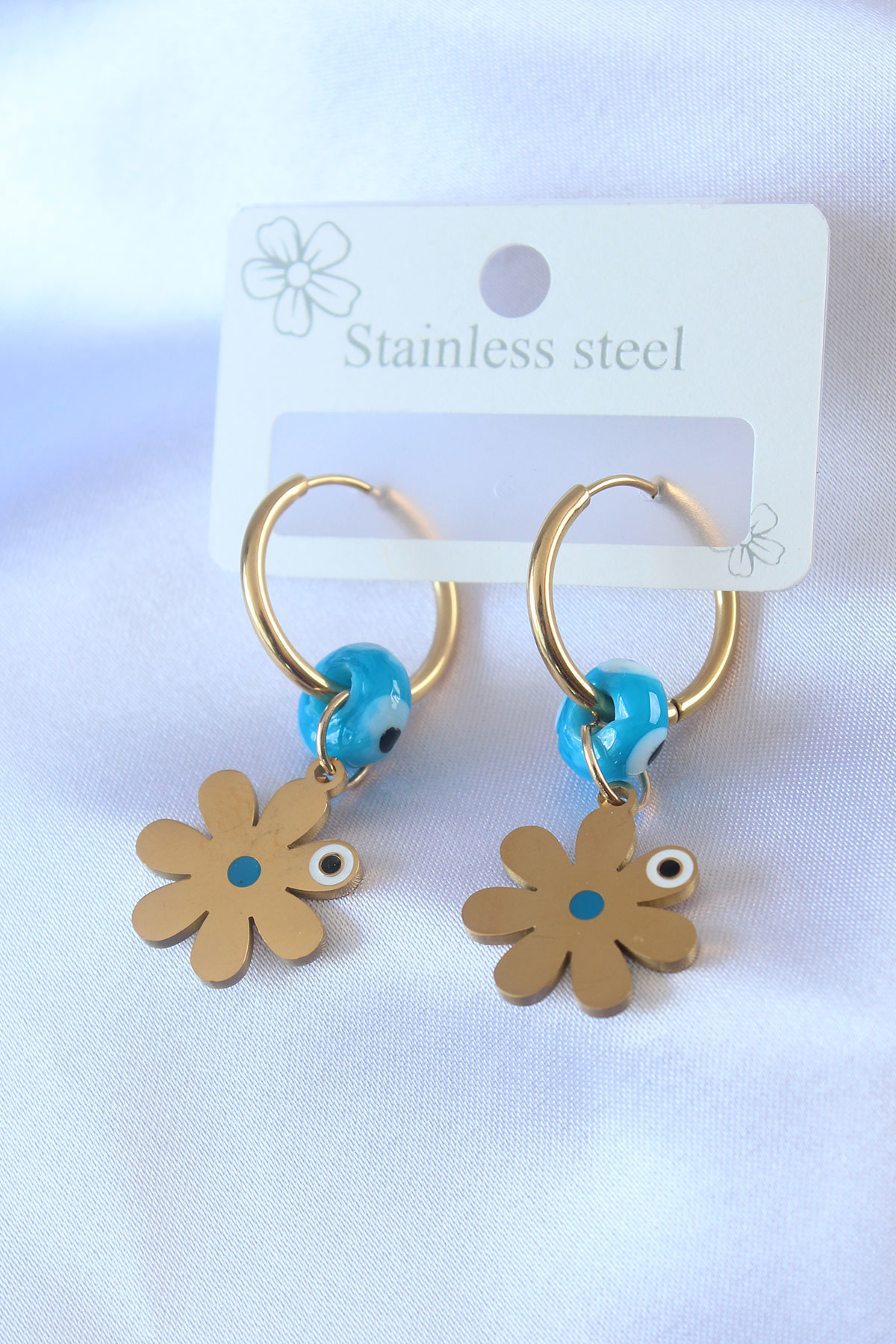 316L Çelik Gold Renk Çiçek Model Nazar Boncuk Detay Kadın Küpe SL