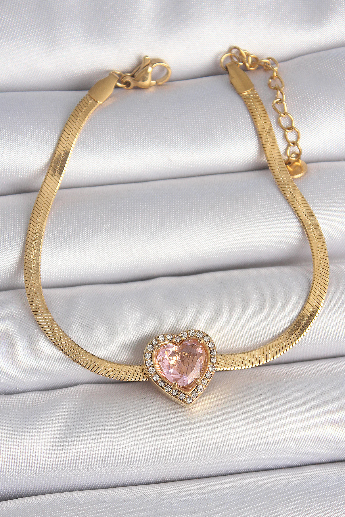 316L Çelik Gold Renk İtalyan Zincir Pembe Zirkon Taşlı Kalp Model