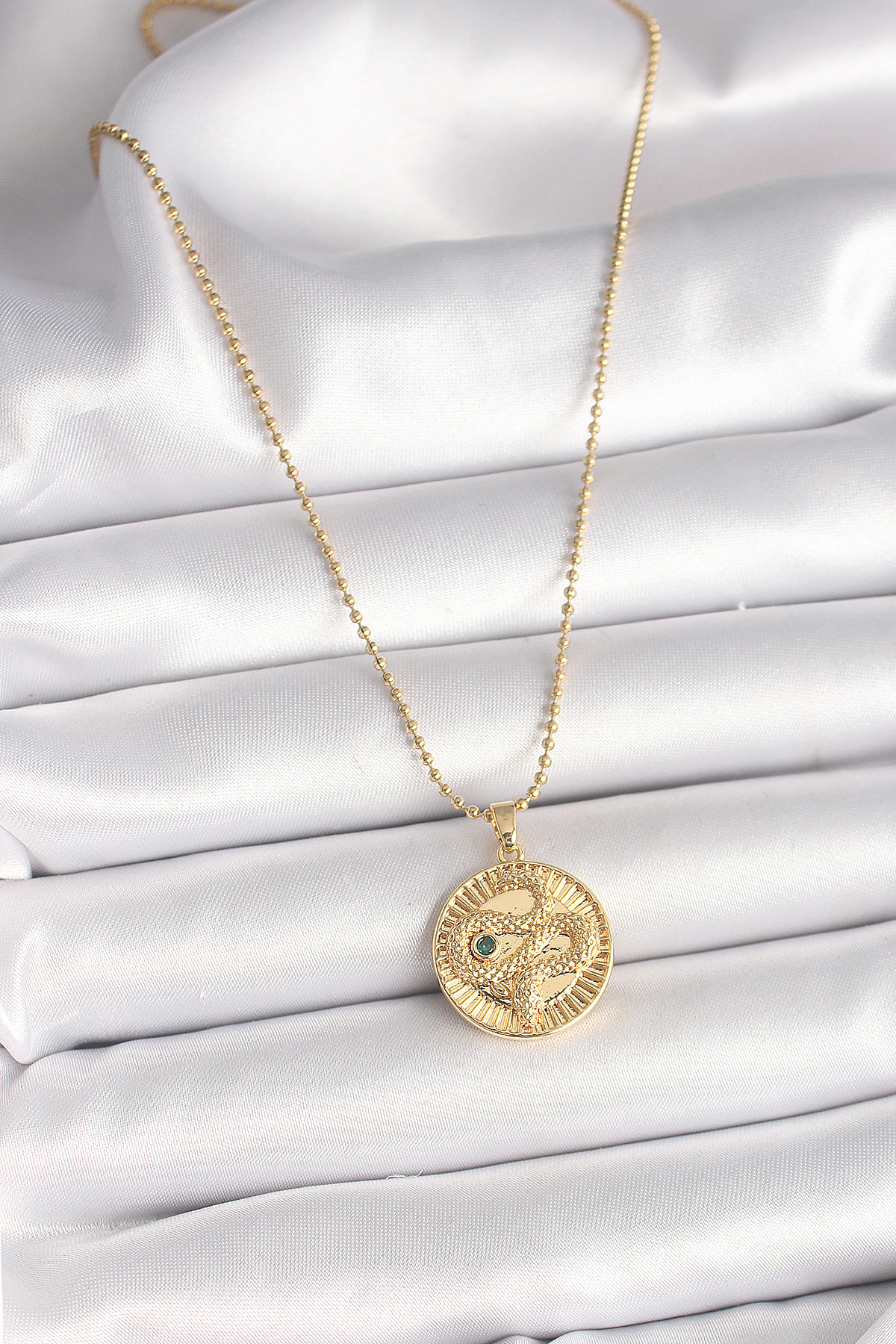 316L Çelik Gold Renk Topçuk Zincir Yılan İşlemeli Zirkon Taş Deta