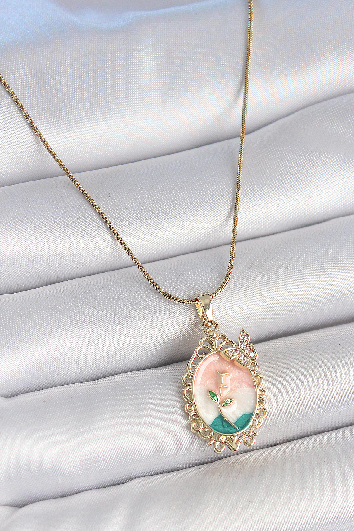 316L Çelik Gold Renk Zincir Mix Renk Çiçek İşlemeli Zirkon Taş De