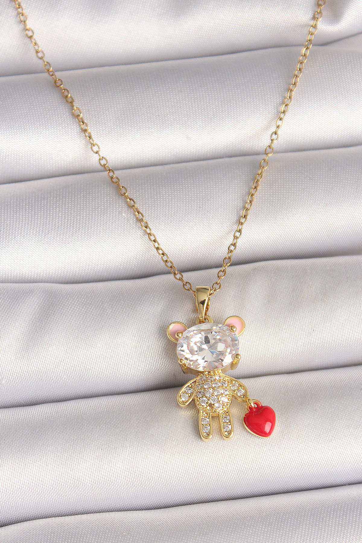 316L Çelik Gold Renk Zincir Zirkon Taşlı Ayıcık Model Kırmızı Kal