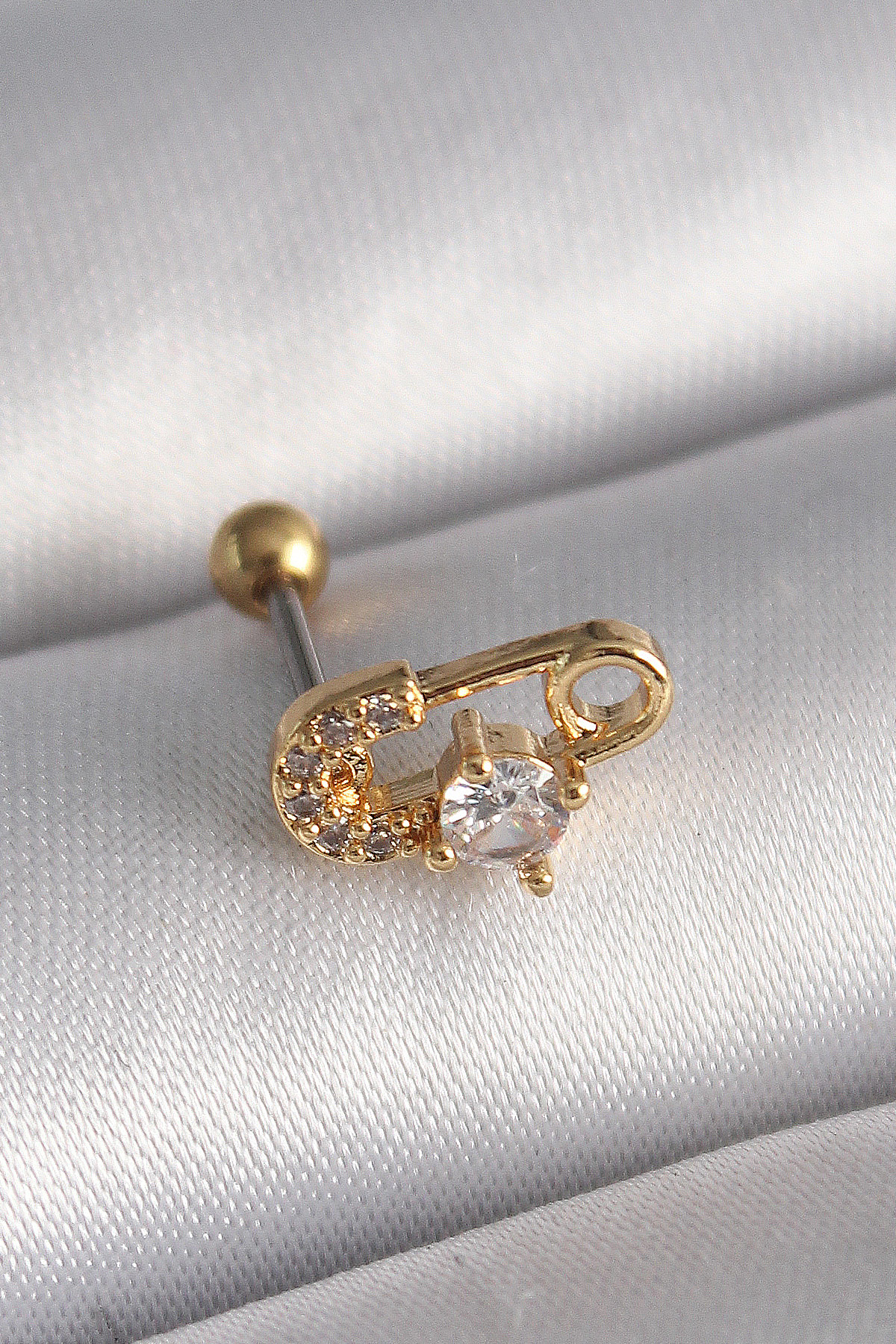 316L Çelik Gold Renk Zirkon Taşlı Toplu İğne Tragus Piercing - TJ