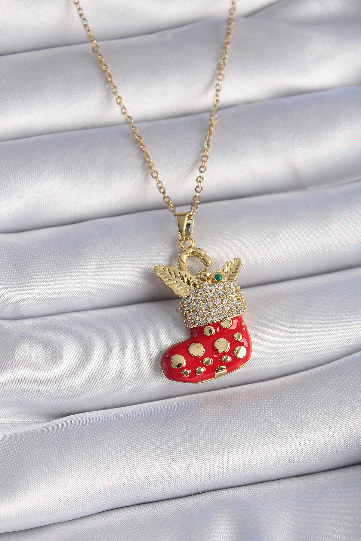 316L Çelik Gold Renk Zincir Zirkon Taşlı Yılbaşı Temalı Kırmızı N