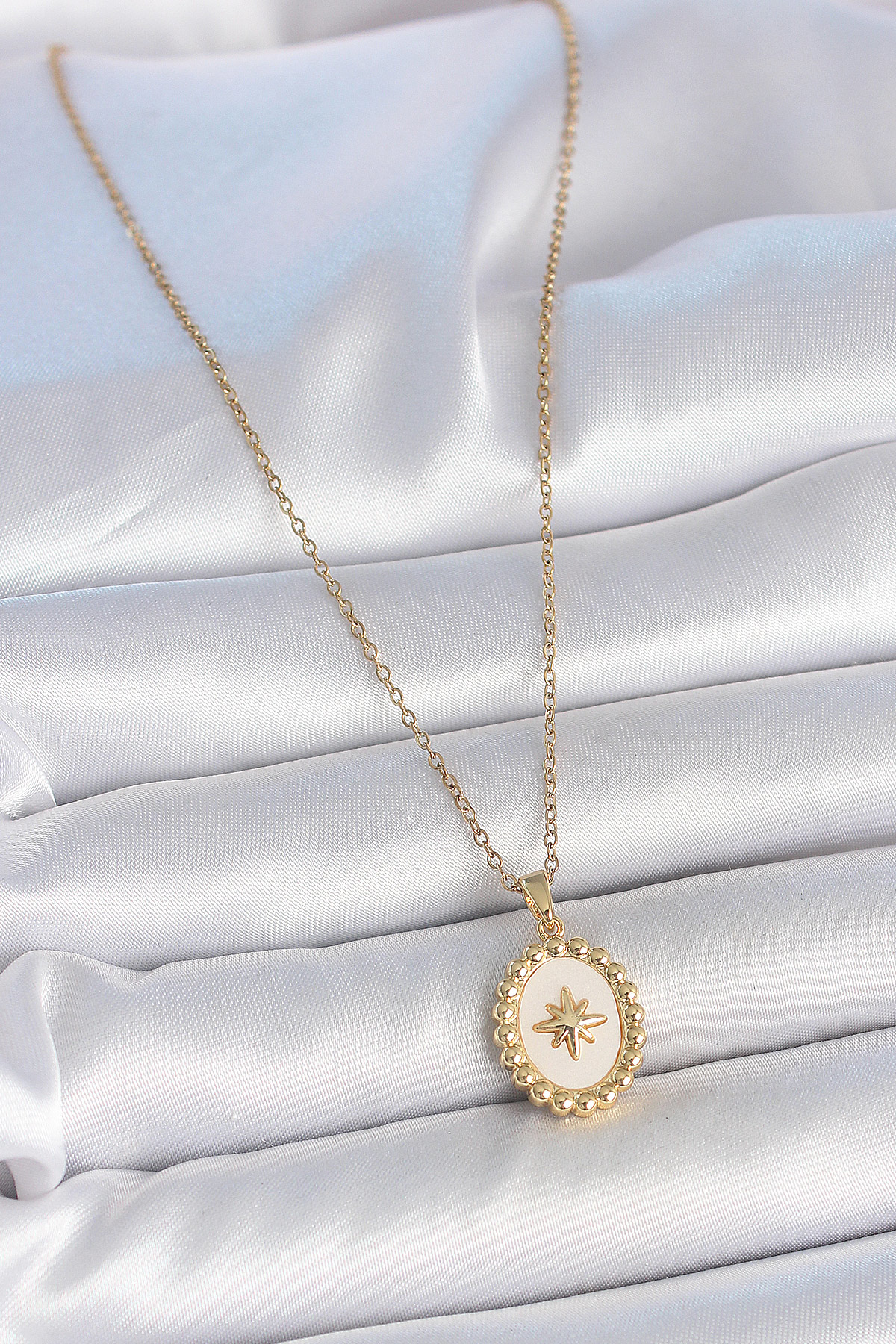 316L Çelik Gold Renk Zincir Beyaz Mineli Kutup Yıldız İşlemeli Ma