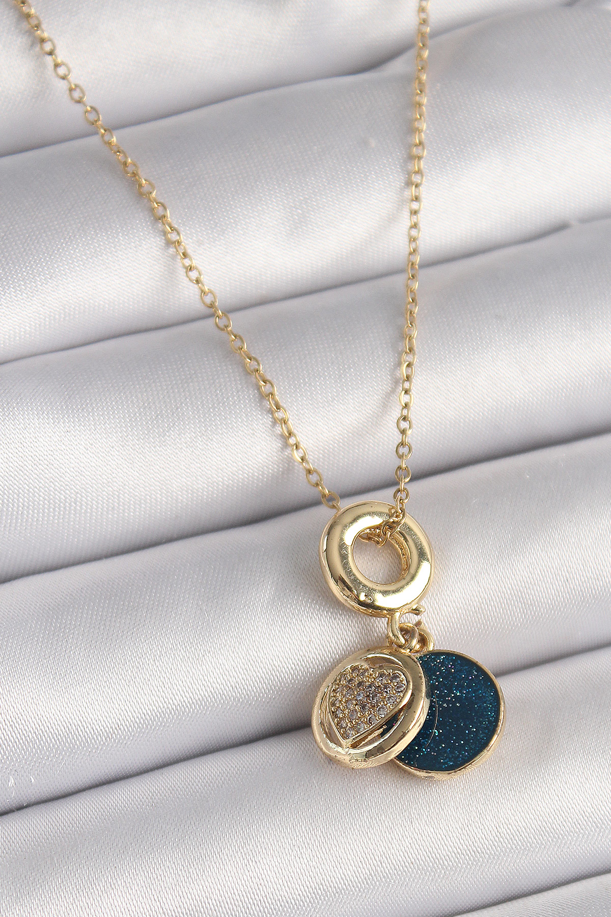 316L Çelik Gold Renk Zincir Zirkon Taşlı Kalp Model Mavi Simli Ka