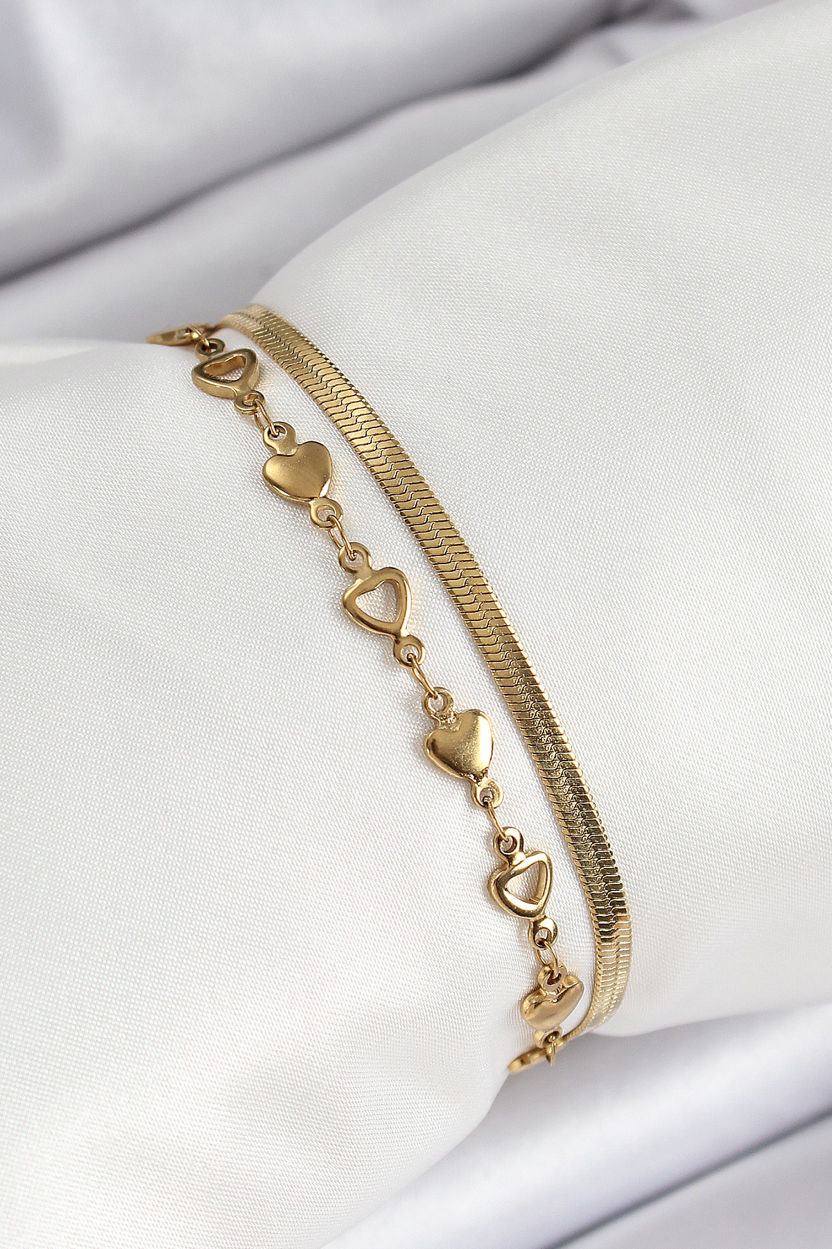 316L Çelik Gold Renk Kalpli Zincir ve İtalyan Zincirli 2'li Kadın