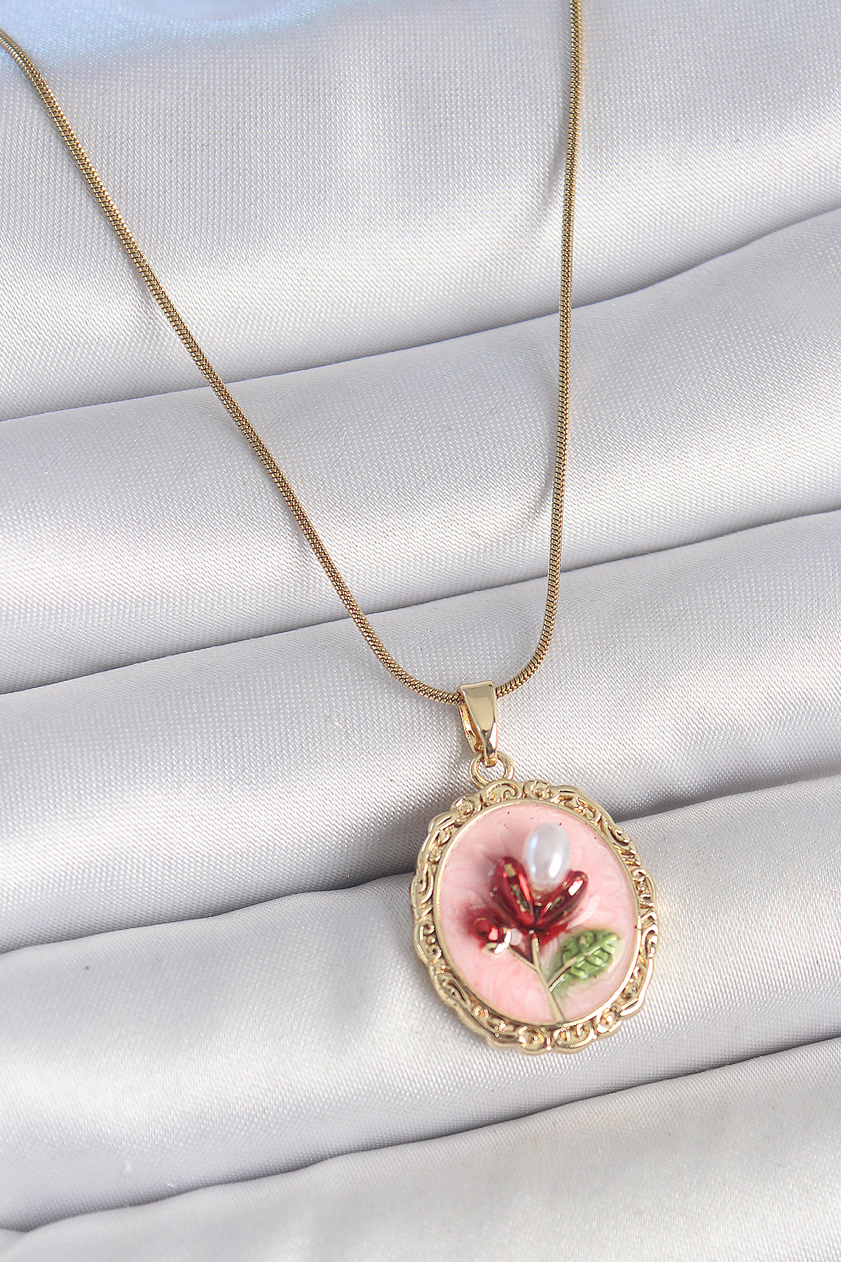 316L Çelik Gold Renk Zincir Pembe Mineli İncili Çiçek İşlemeli Po